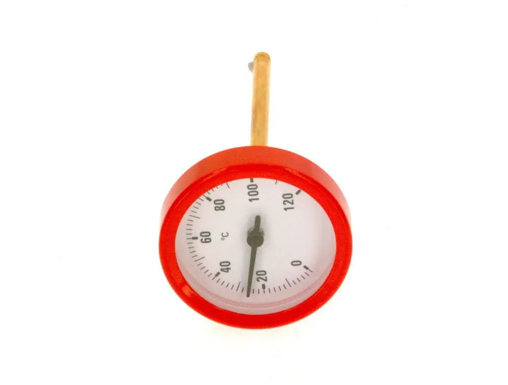 Thermometer mit rotem Gehäuse und einer Skala von 0 bis 120 Grad Celsius. Die Marke Bosch ist auf dem Gerät sichtbar. Der Messzeiger zeigt die Temperatur an.